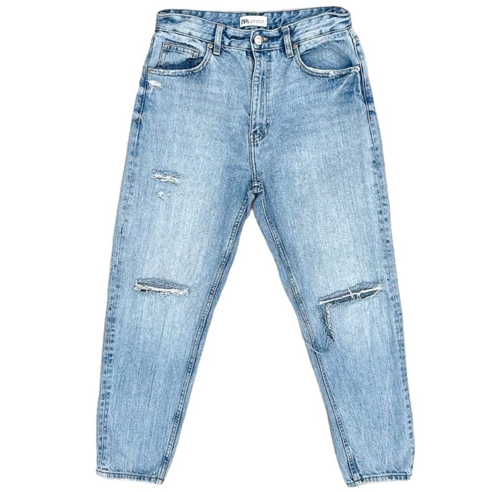 Zara High-Rise Rigid Distressed Denim Mom Jeans Light Wash Denim Women’s Size 6